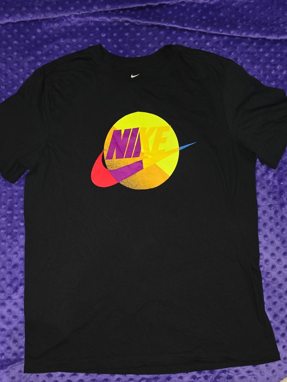 Nike Black Short-Sleeve Graphic Tee with Yellow, Purple & Red Logo